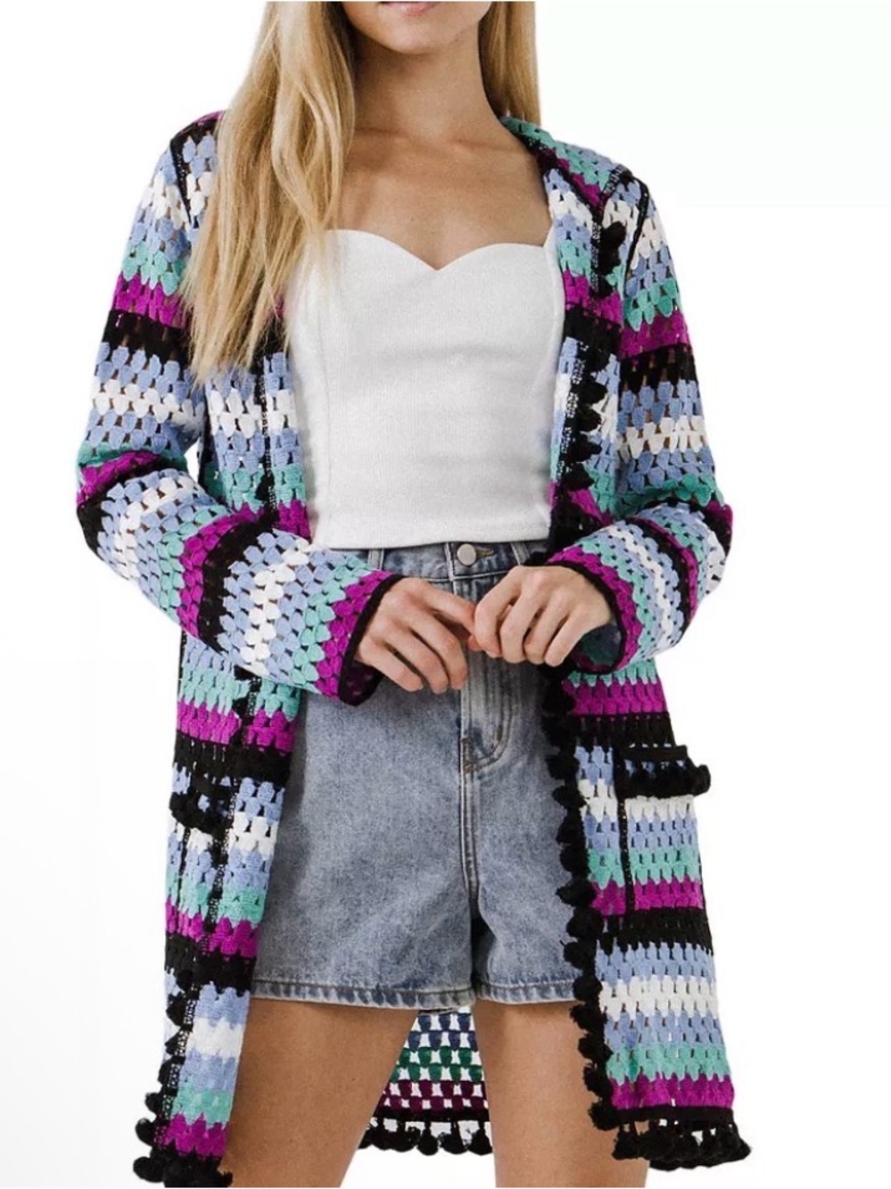 Free the Roses Colorful Striped Crochet Hooded BOHO Cardigan XS/S